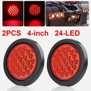 2PC 4"inch Round Red 24-LED Truck Trailer Stop Turn Tail Brake Lights Waterproof 24V ABS Housing PC Lens Universal Fit for Vehicles