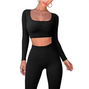 Women’s  crop top and leggings set Cotton Long Sleeve Machine Washable Cotton Cotton Polyester Short Sleeve Long Sleeve