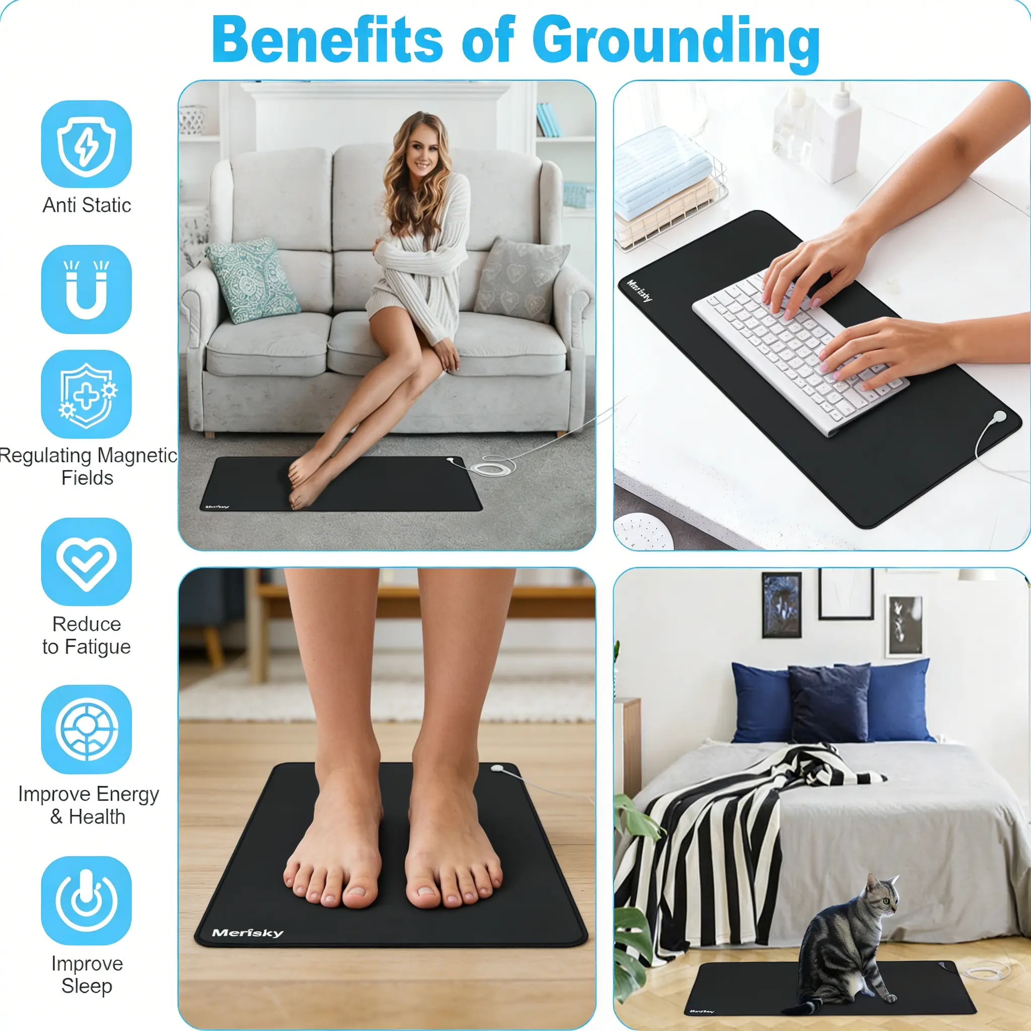 27"x10" Grounding Mat - Upgraded Non-Slip Conductive Pad, Earth-Connected for Bed & Desk Use, No Test Pen,Included (Package: Conductive Mat, 15ft Grounding Cord, User Manual)