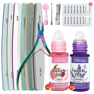 All-in-One Nail Care Prep Kit | 2x5ml Scented Nail Nutrition Oil + Manicure Tools (Brush, 20 Alcohol Wipes, 6 Files, Cuticle Nipper, Large Clipper, Cuticle Pusher) for Acrylic Nail Prep