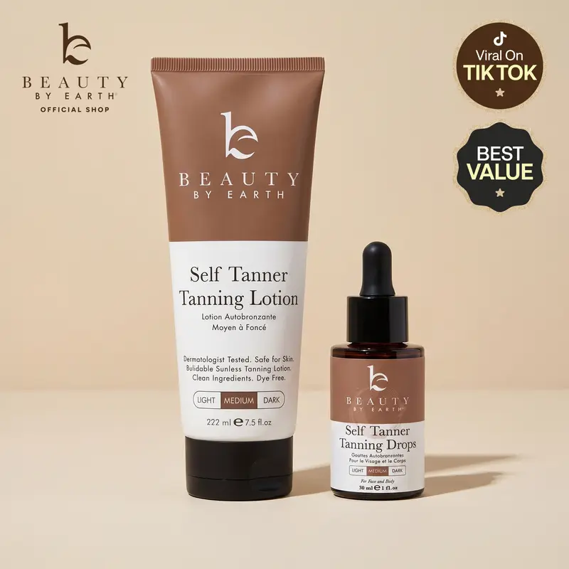 Beauty by Earth Self Tanner Lotion and Drops Perfect Glow Bundle - Hydrating Full-Body Bronze Pro Tanning Customizable Glow Cruelty-Free & Dye-Free Made in USA