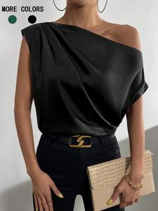 women's plain sleeveless blouse, loose fit minimalist chic casual batwing one shoulder top for daily wear, ladies clothes for all seasons, going out tops, womenswear, elegant classy tops