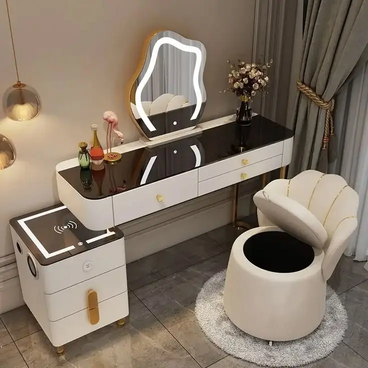 Nordic Glass Luxury Dressing Table with Smart Wireless Charging Bedroom Vanity