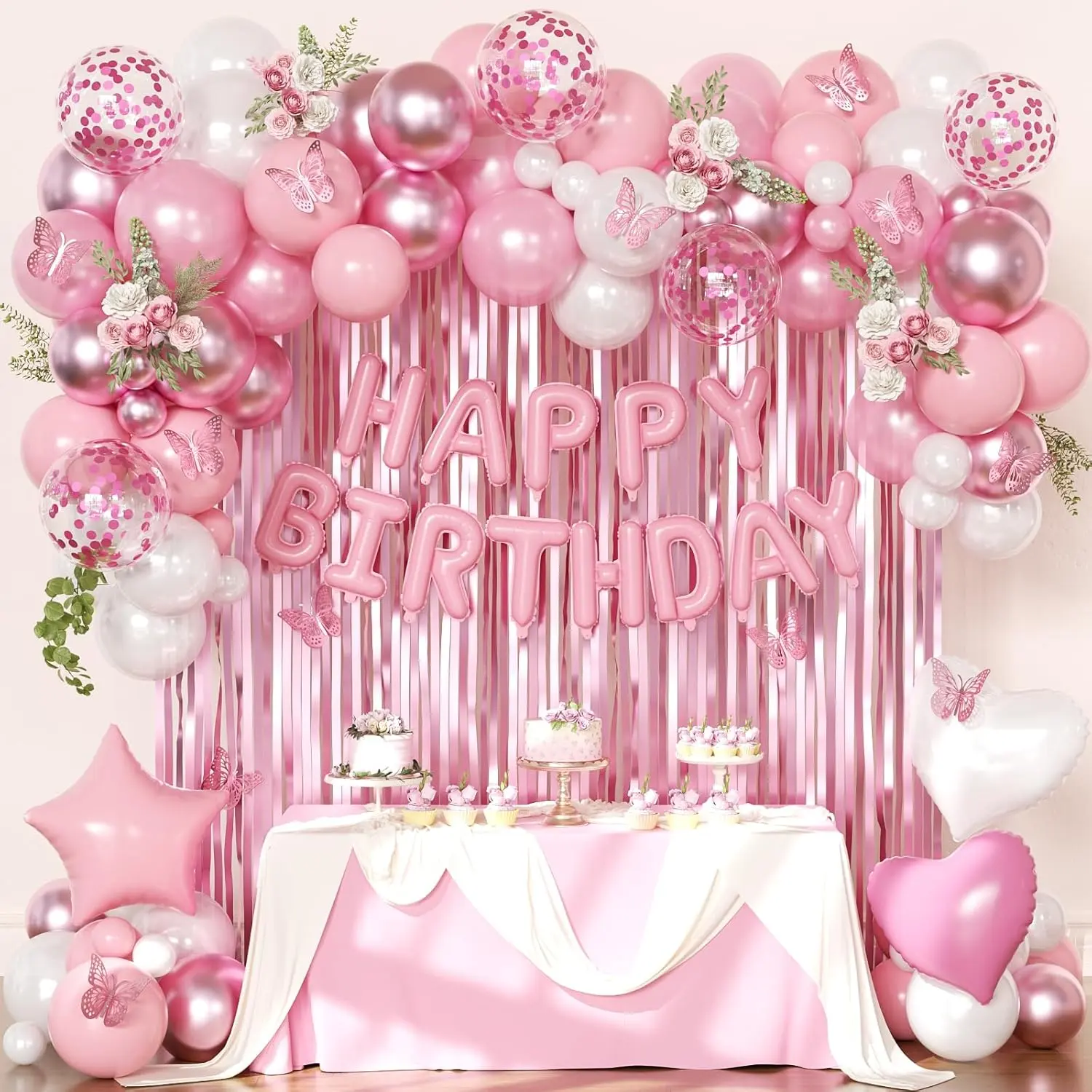 Pink Birthday Decorations for Women Girls, Metallic Pink Pearl White Confetti Foil Balloons Happy Birthday Banner Butterfly Fringe Curtains for birthday Party Supplies