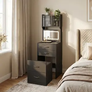 3-in-1 Vanity Desk with 3-Color LED Lighted Mirror, Compact Makeup Vanity with 2 AC Outlets & USB, Dressing Table with Drawers, Acrylic Doors, Jewelry Storage & Hidden Chair