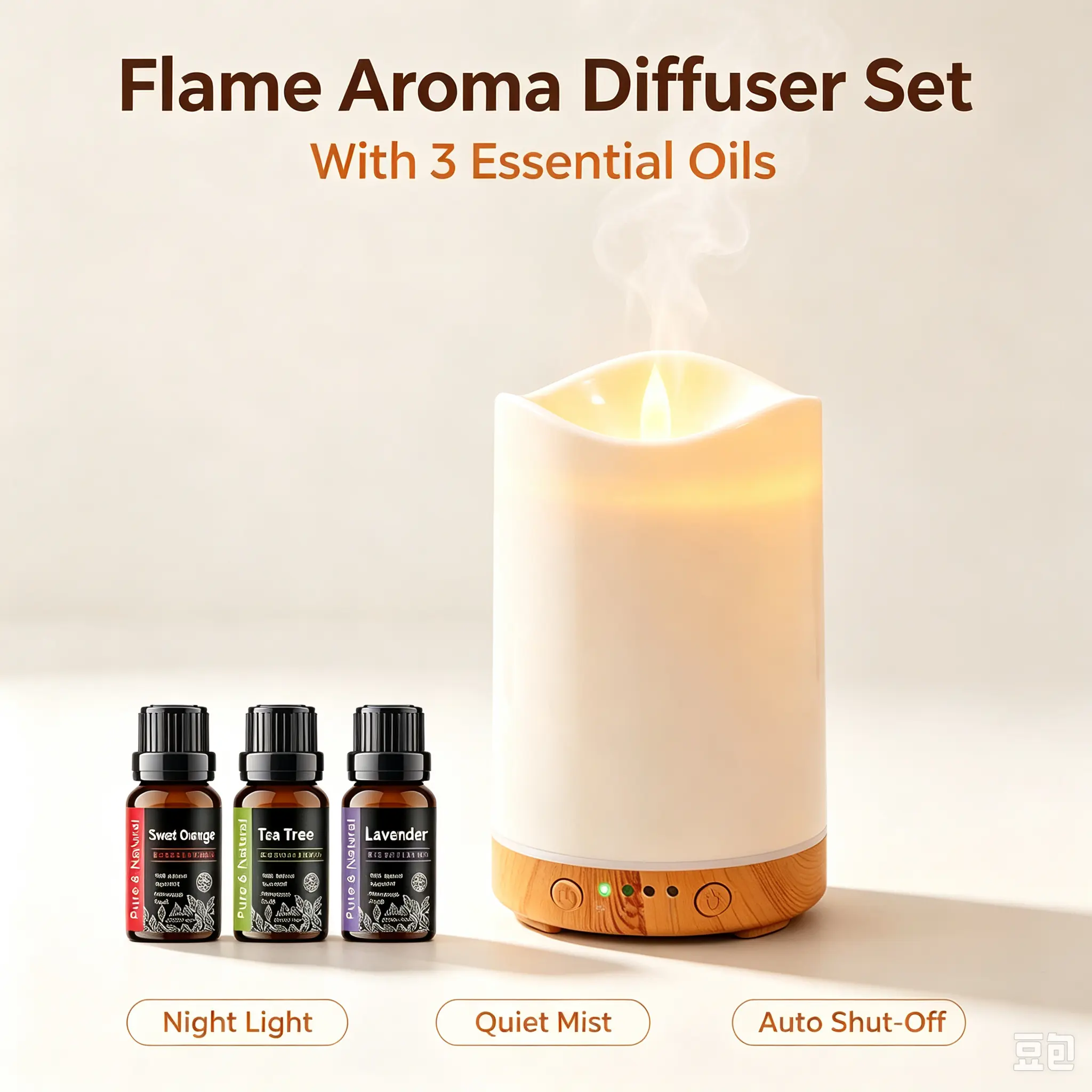 Ultrasonic Simulated Flame Aroma Diffuser with Auto Timer, 3 Essential Oils, Quiet Night Light & Humidifier Function, Home Decor Gift for Bedroom Office sohochic