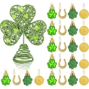 25 Pcs St. Patrick's Day Mini Tree Topper Ornaments Set, Miniature Irish Shamrock Tree Topper Hanging Clover Gold Coins, Irish Green Metal Glitter Tree Decorations for Party Supplies
