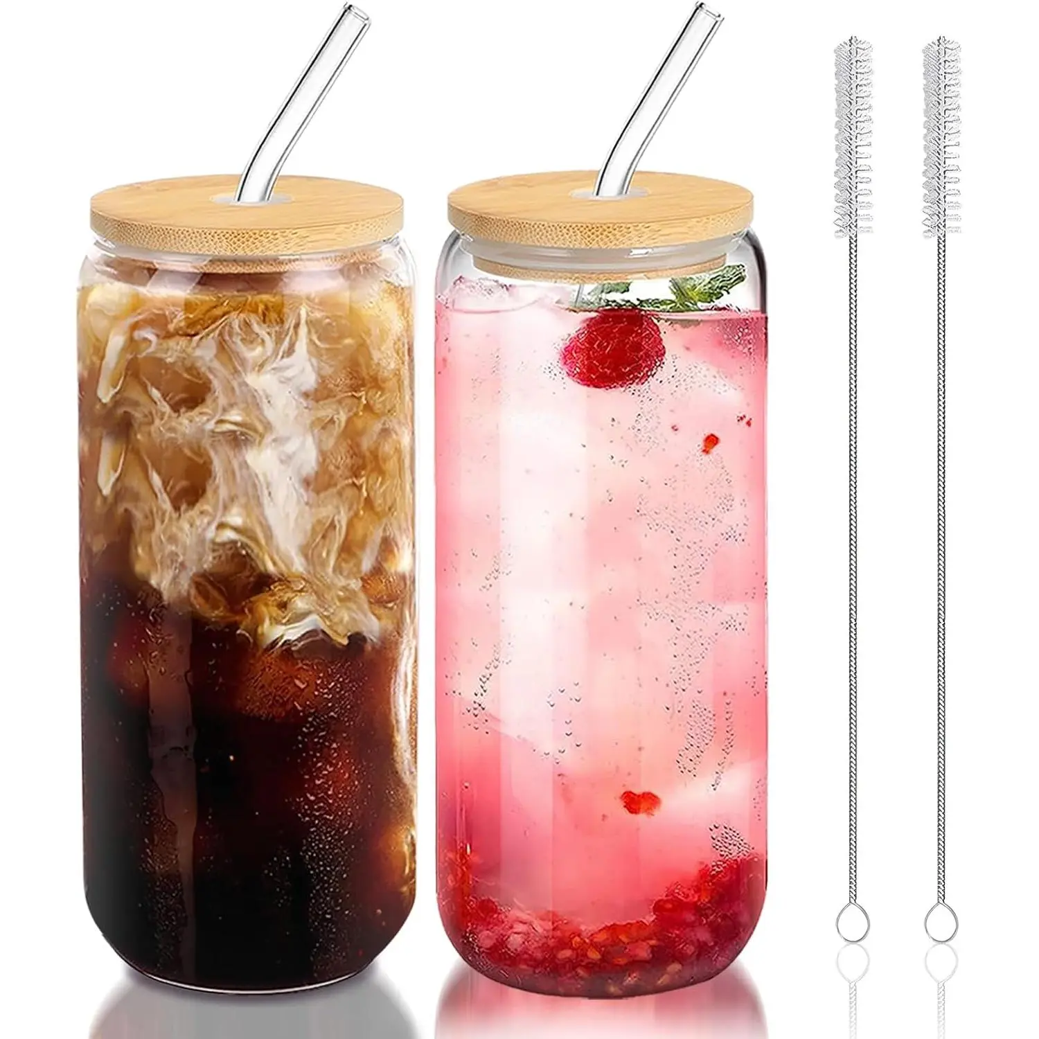 20 Oz Classic Glass Tumbler Set (2pcs), Kitchenware Drinkware Glass Cups with Lids (Covers) & Straws, Container for Iced Coffee & Smoothie, Includes 2 Clean Brushes