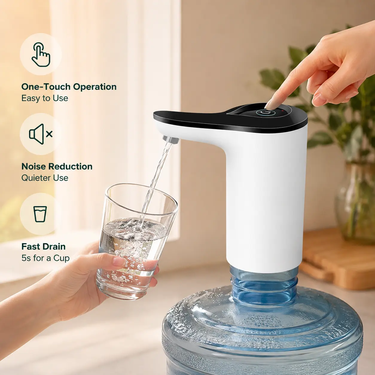 1 Piece Electric Water Pump, One Tap Control Low Noise Rechargeable Portable for Barreled Drinking Water Home Office Use