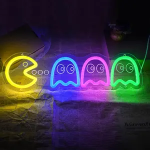 Game Neon Ghost LED Light, Retro Ghost Arcade Game Lamp, Pac-Man and Ghost Light, USB Powered Adjustable Neon Light, Vintage Ghost Decor