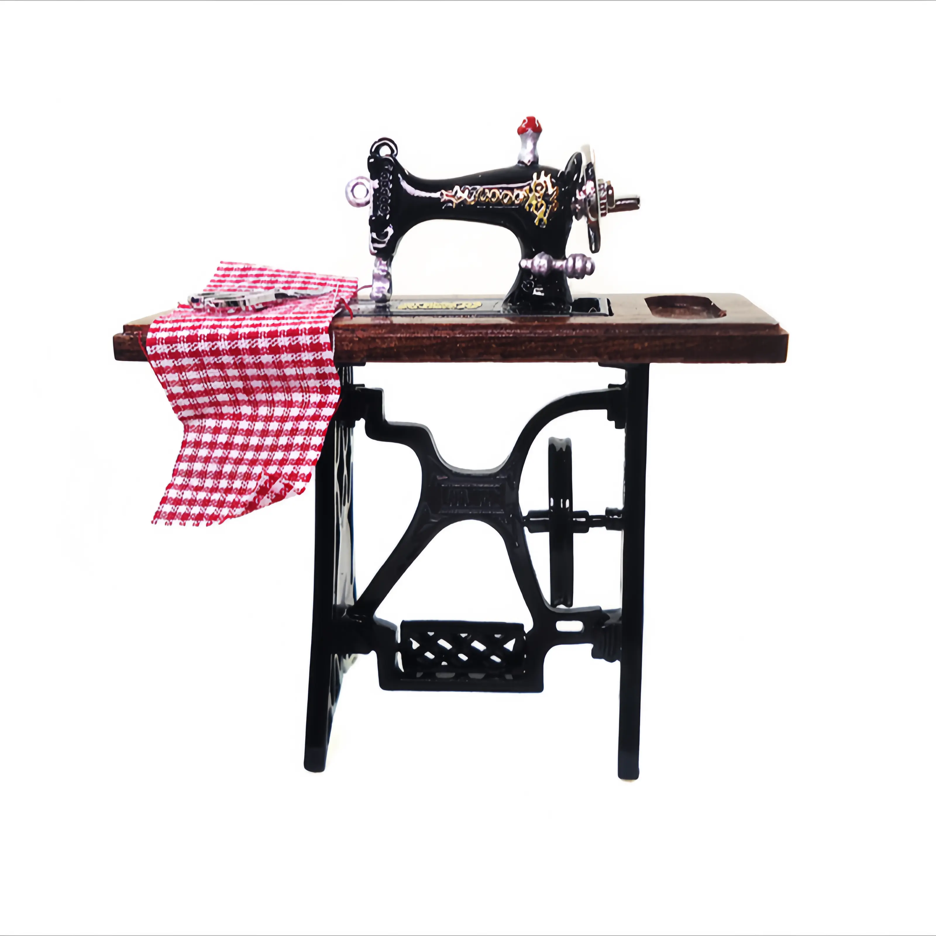 1:12 Scale Miniature Vintage Sewing Machine for Dollhouse Accessories, Mini Sewing Machine with Wooden Base and Metal Machine, DIY Miniature Furniture