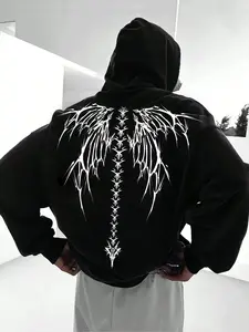 New Men's Homeewear Wing Skeleton Graphic Pattern Hoodie, Graphic Hoodies, Spring & Fall Loose Fit Long Sleeve Casual Sweatshirt with Pockets, Fashionable Daily Wear Top, Gothic Rock Hoodie