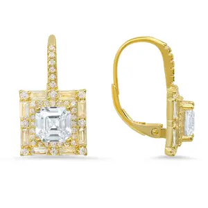 Radiant Asscher-Cut Halo Leverback Earrings with Cubic Zirconia in Sterling Silver