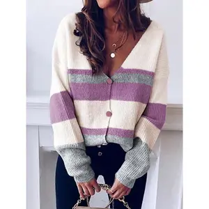 Women’s V-neck button-front striped patchwork sweater cardigan, casual fashion long-sleeve knitwear for fall and winter