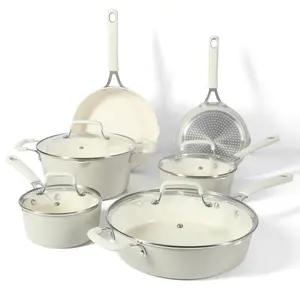 Martha Stewart Heathland Premium Nonstick PFA Free Ceramic Interior 10-Piece Tapered Aluminum Cookware Set - Linen White