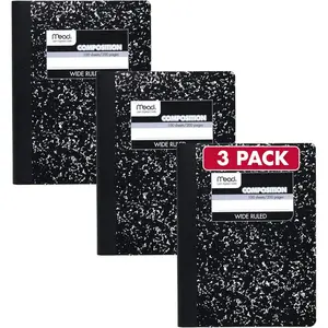 Composition Notebook, 3 Pack, Wide Ruled Paper, 7-1/2" x 9-3/4", 100 Sheets per Comp Book, Black Marble (38301)