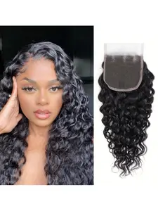 4x4 Water Wave Transparent Lace Closure Human Hair, Curly Wave Three Part Lace Closure for Women, Natural Look with Baby Hair