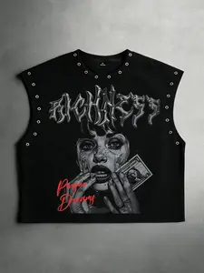 Cropped Sleeveless T-Shirt with Metal Eyelets | Distressed Graphic Tank Top | Summer Apparel: Euro-American Street Style | Trendy Brand Vest | Men's New Arrivals 2026: Y2K Summer Vest