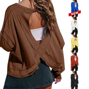 Molitree Women's Open Back Workout Top Long Sleeve Athletic Shirts Casual Crop Running Tee Y2k Yoga Fitted Cotton Spandex Blend Comfortable Fit