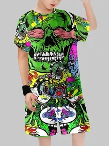 Boys' Punk Skull & Flame Graffiti Print, Street Style Vintage Art Tee & Track Shorts Set, Casual Summer Wear