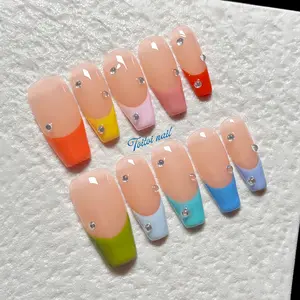 French Tip Rhinestone Bundle Handmade Press-On Nails | Medium Coffin Shape, 10pcs Handmade | Multiple Colors | Nude Base with French Tip & Silver Rhinestone | High Gloss Finish | Reusable DIY Nail Kit | Daily & Date Wear