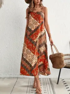 A women's casual and fashionable contrasting geometric pattern printed backless new vacation style dress, suitable for summer, vacation, and daily leisure