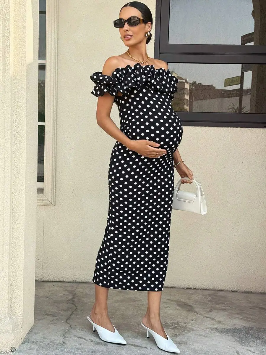 LAFERLIN Elegant Black And White Polka Dot Maternity Dress For Pregnant Women, Summer Off Shoulder Ruffle Bodycon Maxi Dress, Work Pregnancy Clothes Outfits