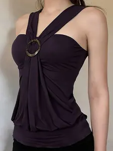 Women's Summer Sleeveless Fitted Top, Vintage Y2K Pleated Fashion Tank, Metal Ring Neckline, Retro Style Backless Vest
