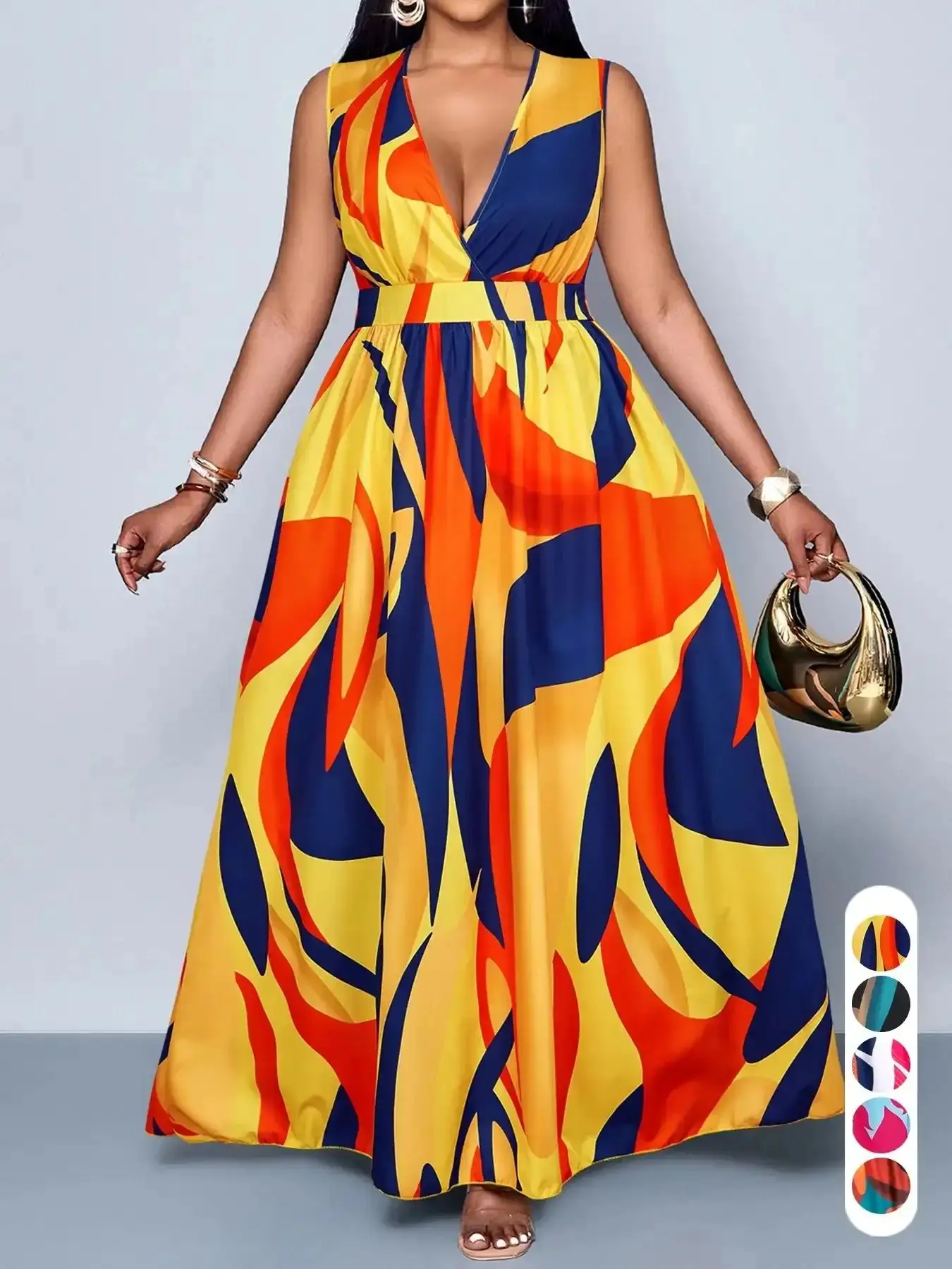 Plus Size Women's Elegant Casual Boho Chic Summer Plant Print V-Neck Sleeveless High Waist A-Line Dress for Leisure, Vacation & Outdoor loose fit fashion forward special occasion oversized