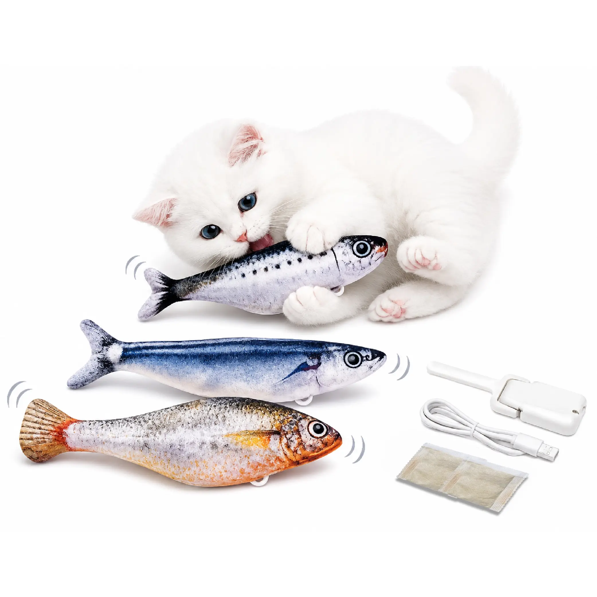 Ultra Realistic Flopping Fish Cat Toys, 3 Pack, Motion Activated USB Rechargeable Catnip Plush, Interactive Indoor Cat Toy, 3 Flapping Modes, 7.1 Inch
