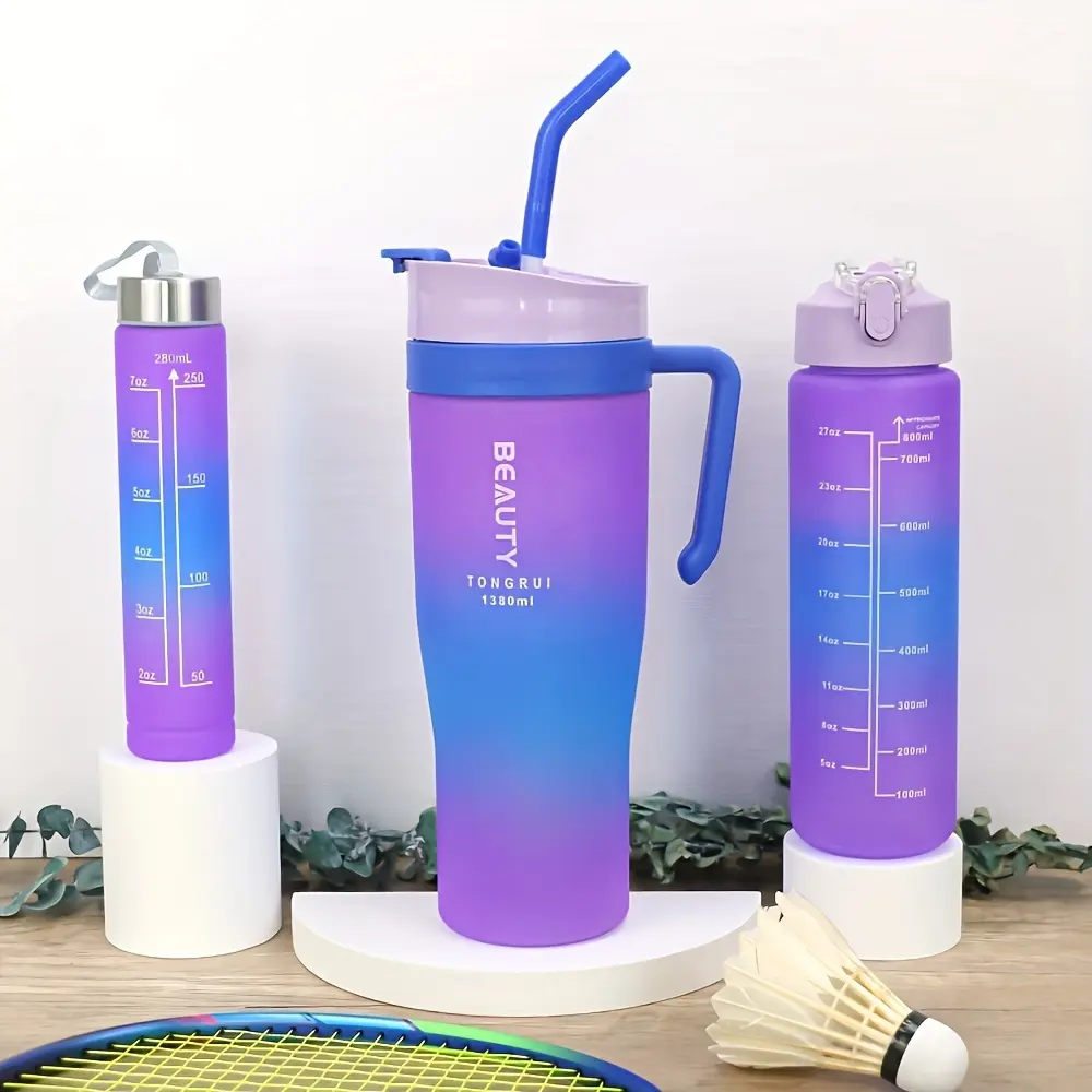3-Piece Set Large Capacity Gradient Plastic Water Cup Suit-Durable, Leak-Proof, Portable, Free of Phenol A, Suitable for Sports, Travel and Outdoor Fitness-1380/46.6 Oz, 800 Ml/27 Oz and 280 Ml/9.5 Oz Size, Easy to Carry Design and Secure Screw Cap 3-Piece Set Large Capacity Gradient Plastic Water Cup Suit-Durable, Leak-Proof, Portable, Free of Phenol A, Suitable for Sports, Travel and Outdoor Fitness-1380/46.6 Oz, 800 Ml/27 Oz and 280 Ml/9.5 Oz Size, Easy to Carry Design and Secure Screw Cap