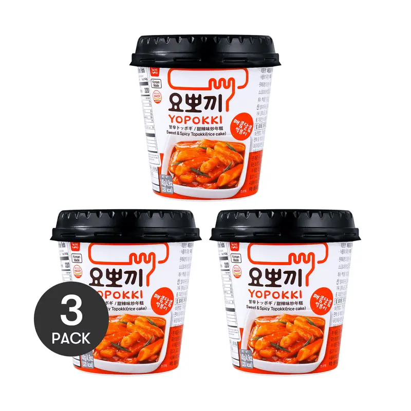YOPOKKI Korean Spicy Rice Cake - 0 Fat, Sweet & Spicy Flavor, Instant Cup (140g x 3 Packs)