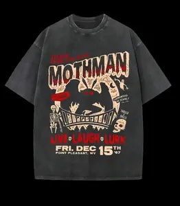 Vintage Mothman Terror Strikes Y2K Streetwear Graphic Tee | 230g Heavyweight Washed Cotton T-Shirt | Gothic Concert Halloween Apparel Men