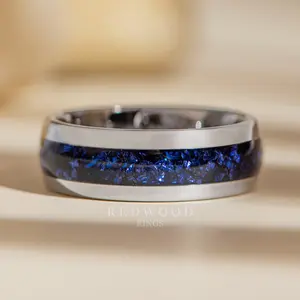 Silver Tungsten Ring with Blue Lab-Created Sapphire Inlay - 8MM