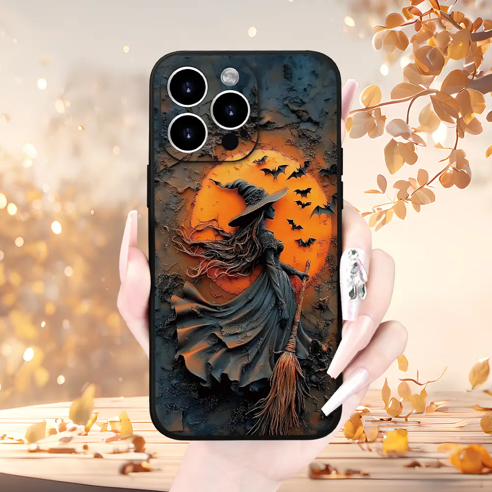 1 unique and fashionable Halloween phone case with witch, skull, ghost, pumpkin and bat patterns, suitable for iPhone 16 Pro Max, 15 Plus, 14, 13, 12