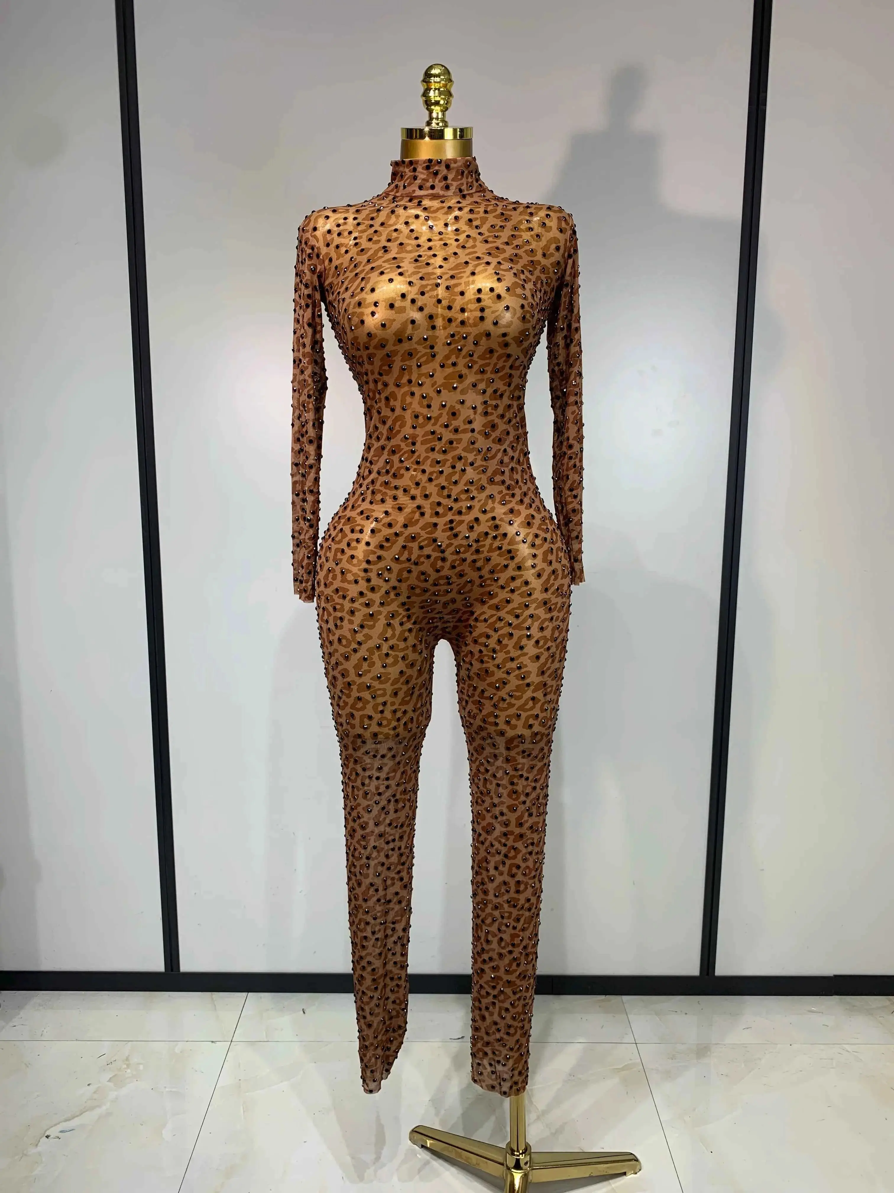 Rynlee Black Crystal Women Sexy Long Sleeve Leopard Mesh Sheer Bodycon Jumpsuit