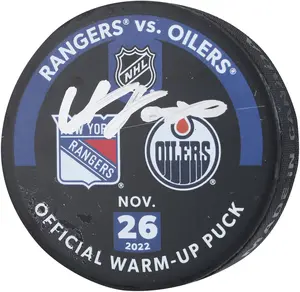 Adam Fox New York Rangers Autographed Practice-Used Puck Used During Warmups vs. Edmonton Oilers on November 26, 2022 - Fanatics Authentic Certified