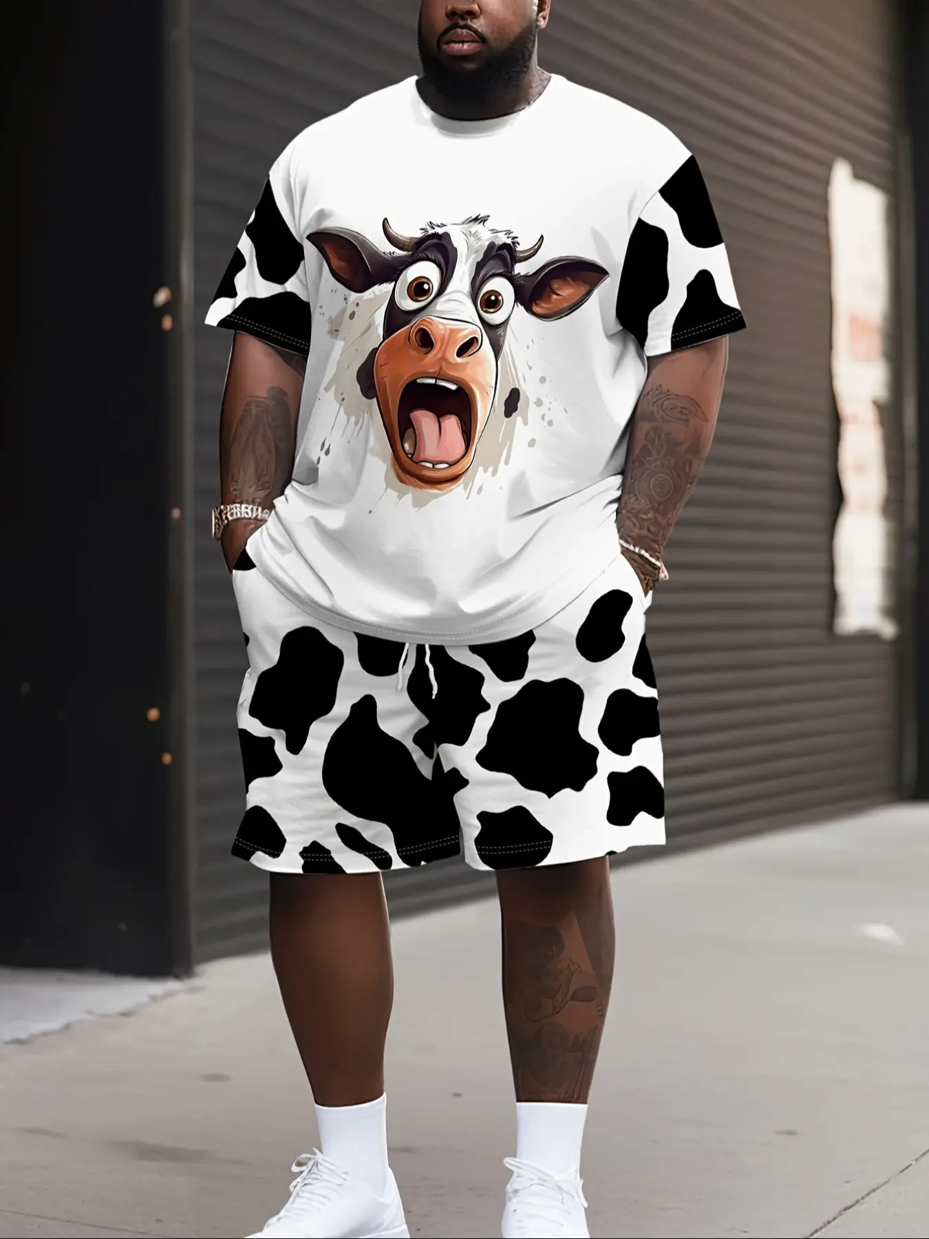Men's Casual Digital Print Cow Summer Pattern Two-Piece Set, Fitted Round Neck Short Sleeve T-Shirt & Drawstring Shorts, Breathable Comfort Gift Apparel