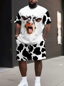 Men's Casual Digital Print Cow Summer Pattern Two-Piece Set, Fitted Round Neck Short Sleeve T-Shirt & Drawstring Shorts, Breathable Comfort Gift