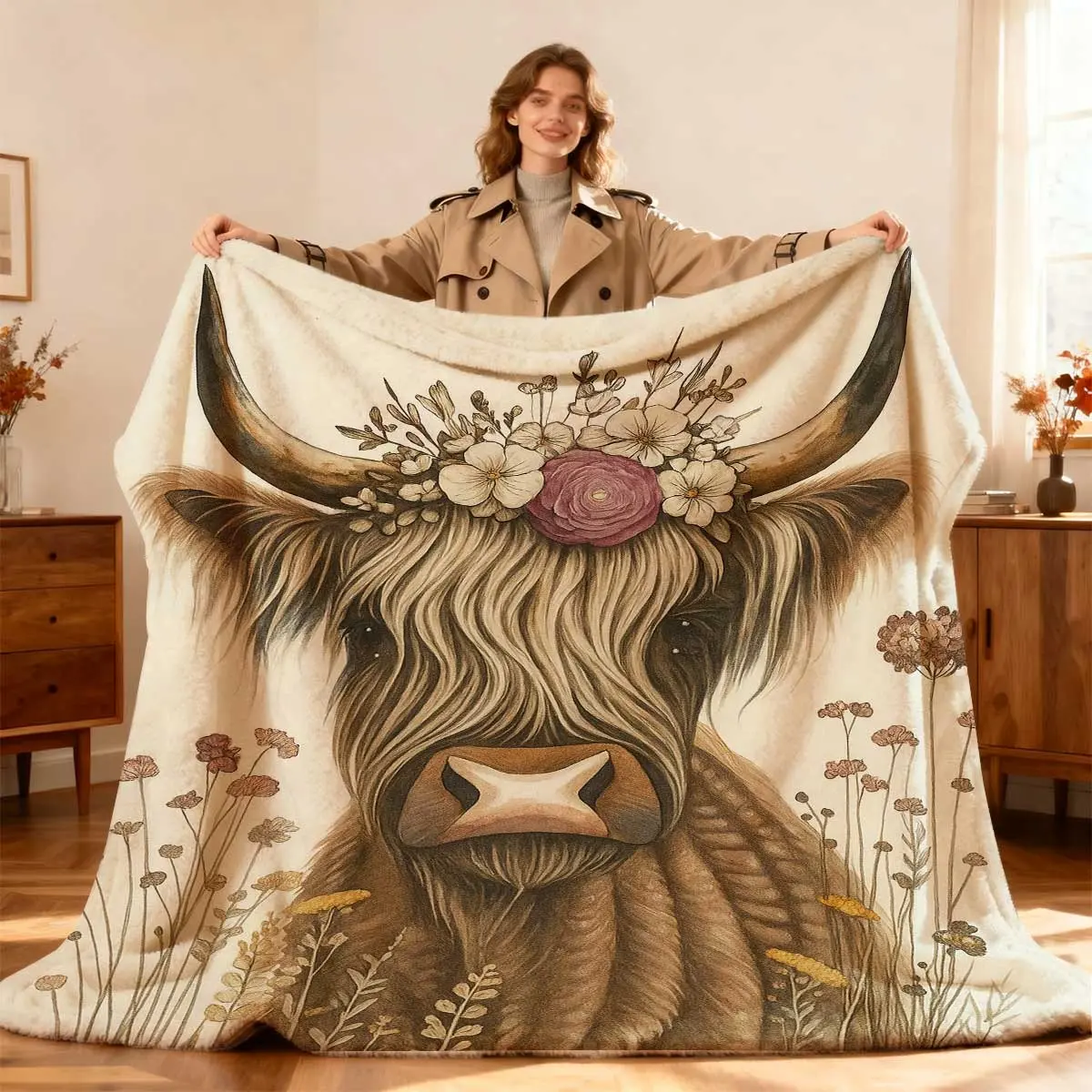 Highland Cow Print Flannel Throw Blanket – Soft, Warm, Anti-Static Polyester with Digital Printing, Ultrasonic Embossing, Vibrant Design, Versatile Sizes, Easy Clean – Multi-Purpose Blankets for Bedroom, Sofa, Camping, Throw Blankets