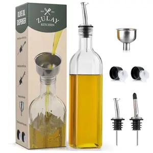 Zulay Olive Oil Dispenser - 17oz Glass Oil Bottle with Spout, Pourers, and Funnel, Green Decanter for Kitchen Use