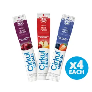 Cirkul Singles 12 Pack Variety Bundle, 4 LifeSip Fruit Punch, 4 FitSip Mixed Berry, 4 GoSip Black Cherry, No Sugar, Zero Calorie Drink Mix