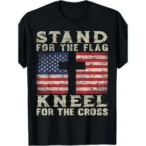 [100%25 Cotton] MENChristian Patriotic "Stand For The Flag Kneel For The Cross" T-Shirt - Distressed American Flag & Cross Design, T-Shirt For Men And Women