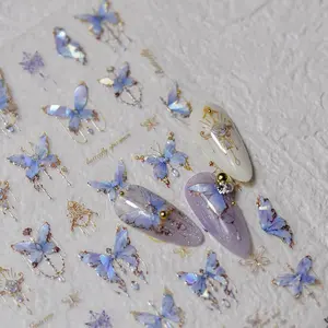 Butterfly Nail Art Stickers Decals 5D Butterfly Nail Stickers Blue Seashell Shinny Butterfly Nails Design 5D Embossed Nail Decals Butterfly Stickers for Women Girl DIY Manicure Nail Art Decorations