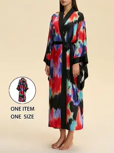 New Japanese Satin Nightgown, Elegant Long Sleeve Robe, All over Print, Fitted, Spring Autumn, Women's Home Wear, One-Piece Outer Garment