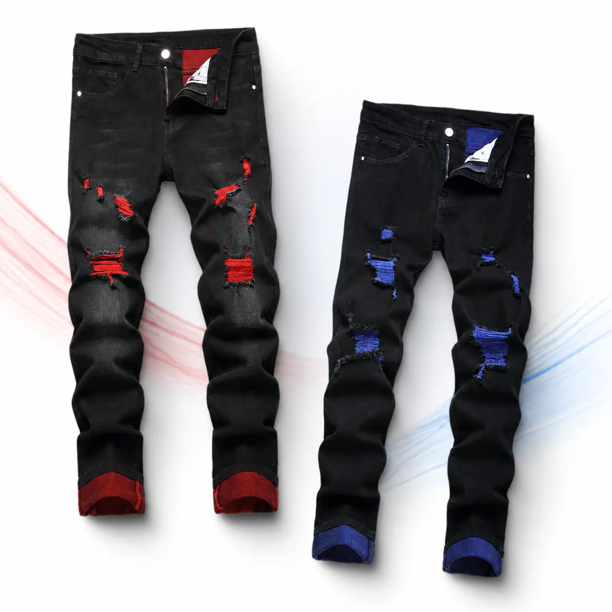 JUNBAOSS Men's 2 Pack Slim Fit Ripped Jeans, Stretch Black Denim Pants with Red & Blue Contrast Distressed Details, Straight Leg Streetwear Jeans, Casual Y2K Fashion Pants for Men