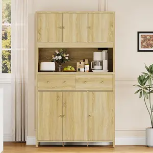71" H Pantry Cabinet with Charging Station, Tall Kitchen Pantry Storage Cabinet with Countertop, 8 Spacious Compartments & 2 Storage Drawers, Large Capacity Kitchen Hutch for Dining Room