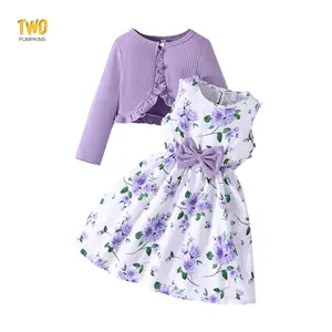 Little Girl Summer Dress Set Floral Print Round Neck Bow A-Line Tank Dress Ruffled Ribbed Cardigan