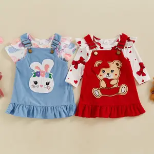 Canrulo Newborn Baby Girl Easter Outfit Ruffle Short Sleeve Romper Cartoon Rabbit Suspender Skirt Overall Dress Set
