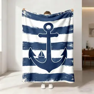 1 piece of blue and white striped nautical wind blanket, old brushmarks, anchor sailboat printed flannel blanket, skin-friendly, soft, machine washable, suitable for office camping, sofa blanket, bed blanket, etc.